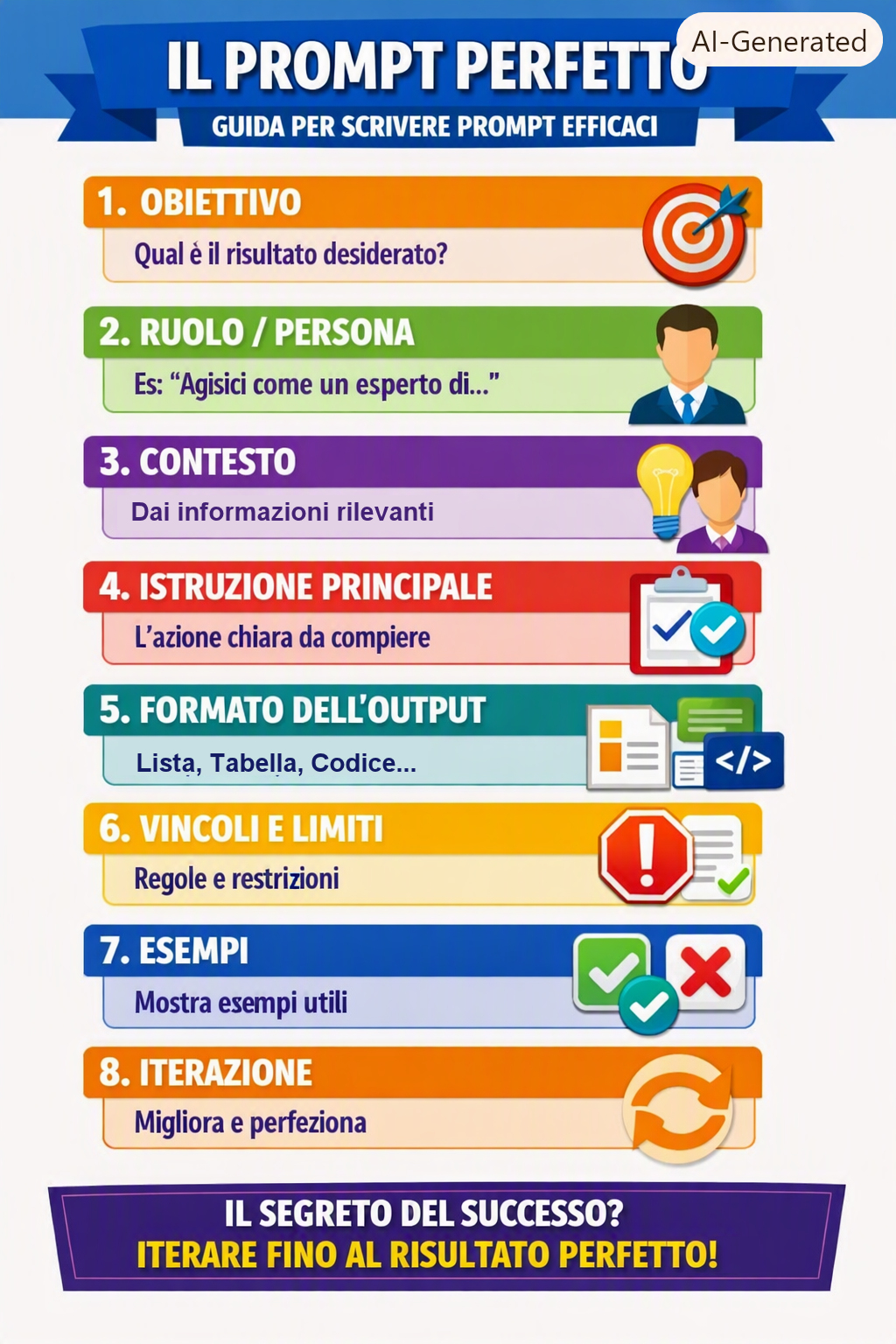 Schema colorato in otto sezioni che spiega come creare un prompt perfetto: obiettivo, ruolo, contesto, istruzione principale, formato dell’output, vincoli, esempi e iterazione. Include icone e colori distinti per ogni punto.